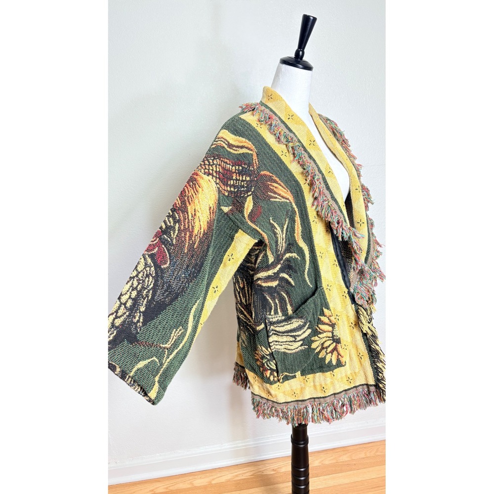 Country Chickens Fringe Tapestry Cardigan Jacket Size Large/XL Cottage Western